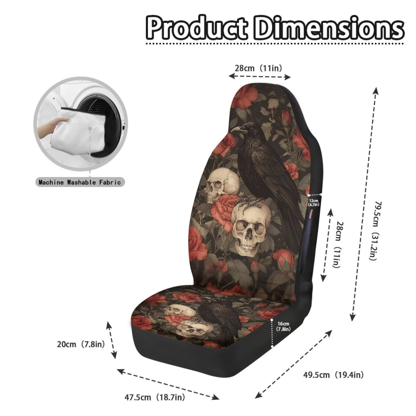 Binienty Halloween Waterproof Auto Seat Covers Black Crow Red Rose Skull Car Front Seat Covers 2 Pack Universal Automitive Bucket Protector Washable Car Interior Accessories, Airbag Compatible