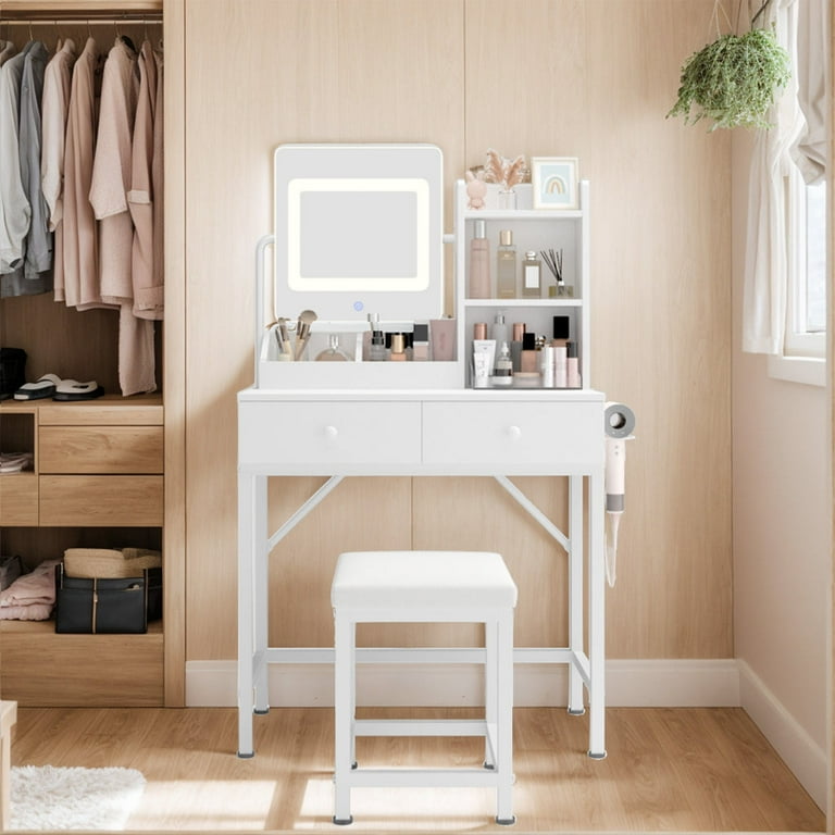 Makeup Vanity Desk with Mirror and Lights, 43.5” Vanity Table with 5 Drawers & Storage Shelves, White
