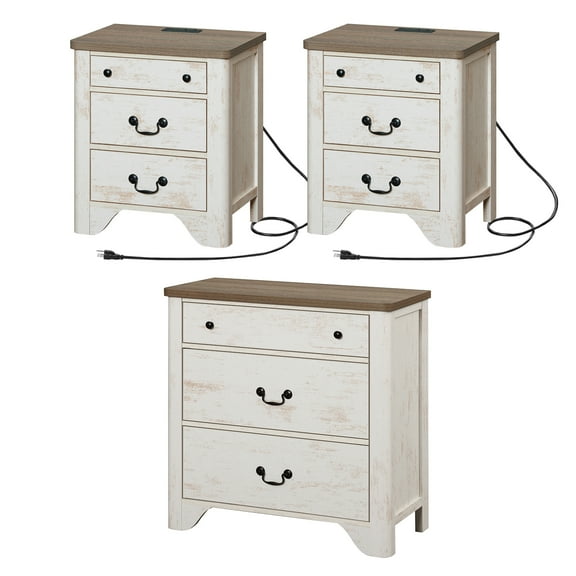 WAMPAT Farmhouse 3-Piece Bedroom Set,Wood 3 Drawer Dresser and Nightstand Set of 2 with Charging Station,Rustic Retro Bedroom Furniture Set for Bedroom,Living Room,White
