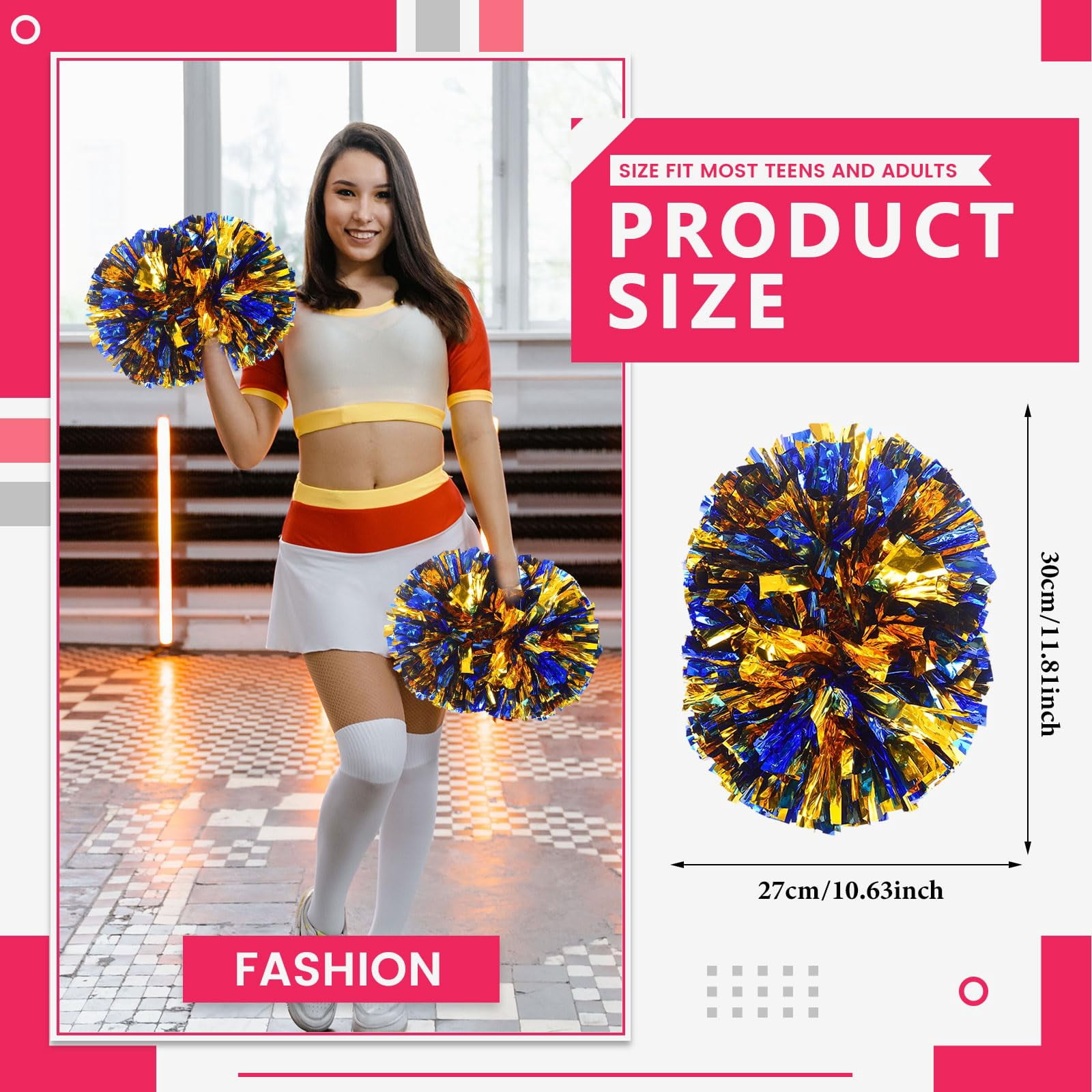 Pom Poms Cheer 18 Pcs with Handle, Cheerleading Handheld Squad Pompoms for Sports Team Spirit Games Dance Party Adults