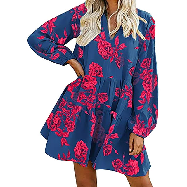 Pompotops Robe d'Été Décontractée pour Femmes Col en V Imprimé Floral Manches Longues Longueur Genou
