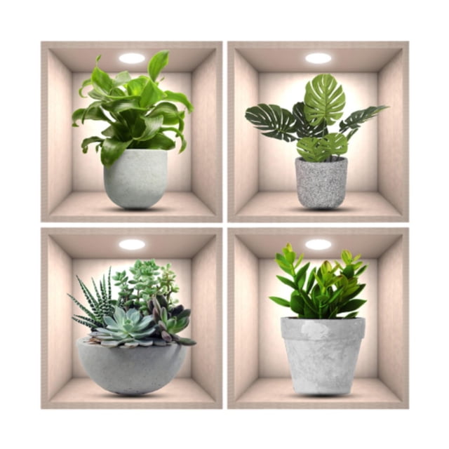 4x Pegatinas de pared de , calcomanías de en macetas Murales de arte Decoración de arte de pared de hojas para cabecera Con olla gris