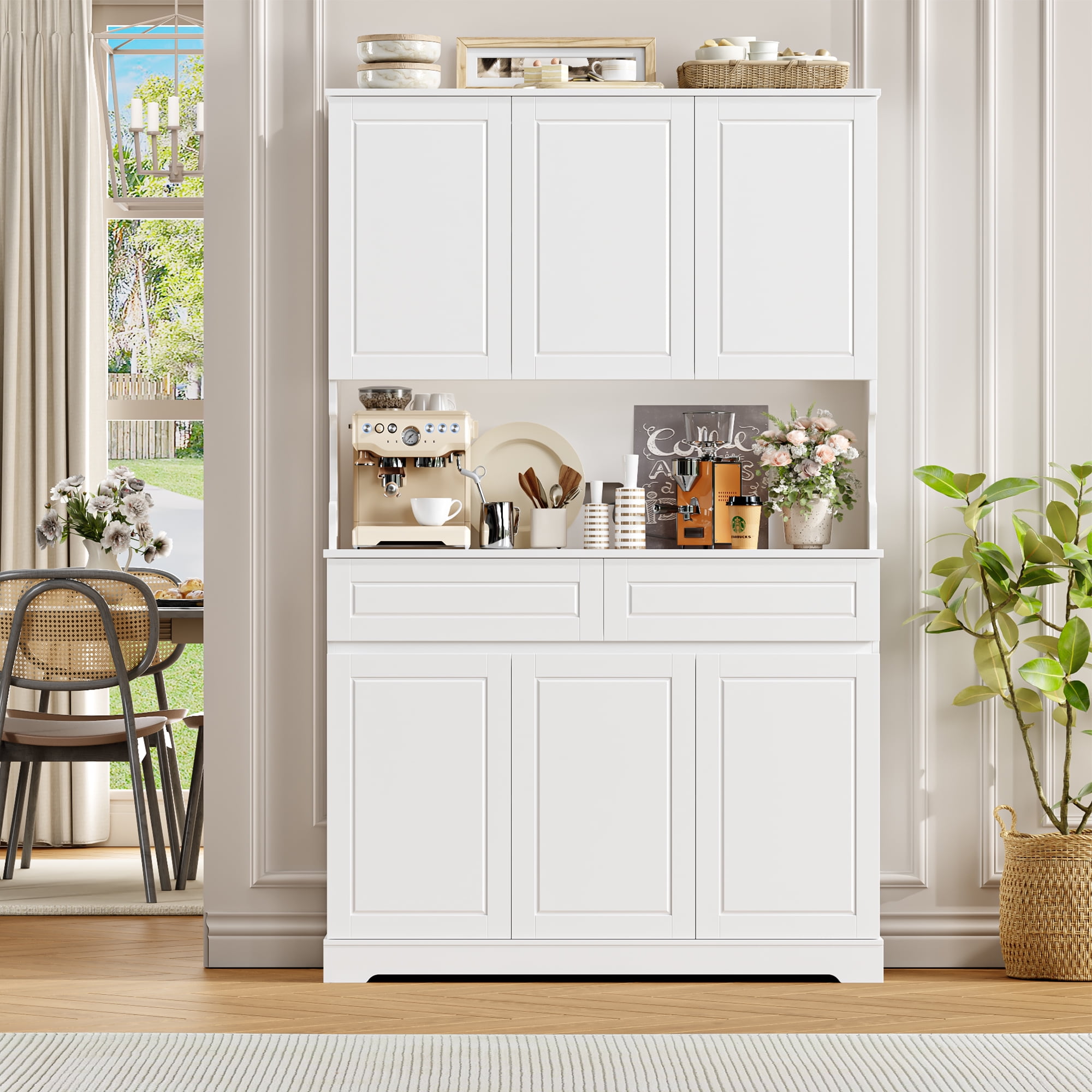 Homfa 73.8”H Pantry Cabinet with 6 Doors and 2 Drawers, Microwave Stand Storage Cabinet with Grooved Handles and Adjustable Shelf for Kitchen Dining Room, White