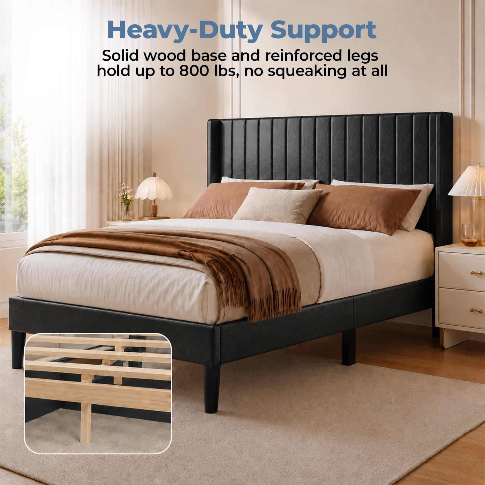 Alvantor Upholstered Bed Frame, Fabric-covered Wing-shaped Headboard and Wooden Crossbars, Bed Frame with Storage Space, Easy Assembly, Noise Free, No Box Spring Needed
