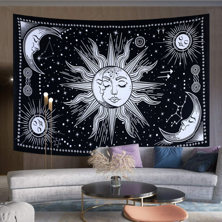 Wall Art Black And White Trippy Tapestry Sun And Moon Tapestry