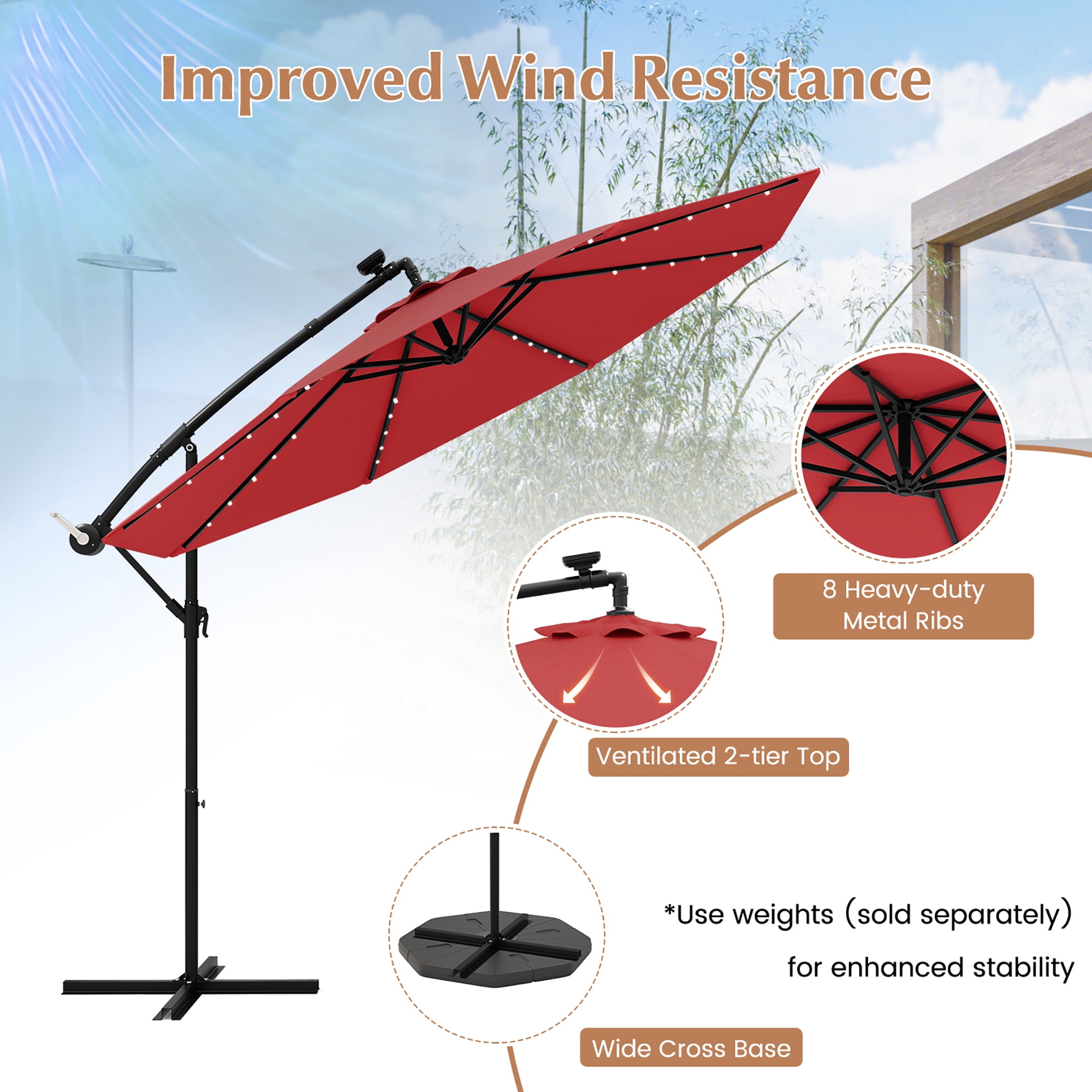 Gymax 10ft Solar Patio Umbrella Outdoor Offset Hanging Umbrella w/ 40 LED Lights Red