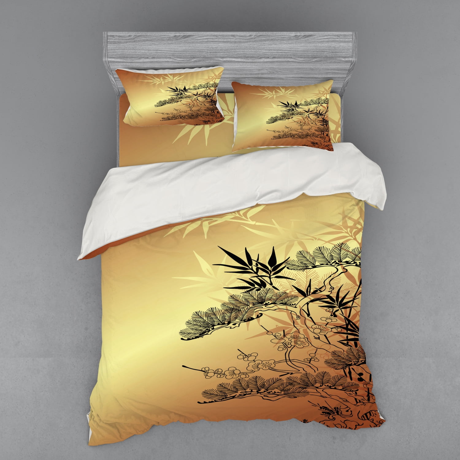 Japanese Duvet Cover Set, Branches and Bamboo Motifs with Showy