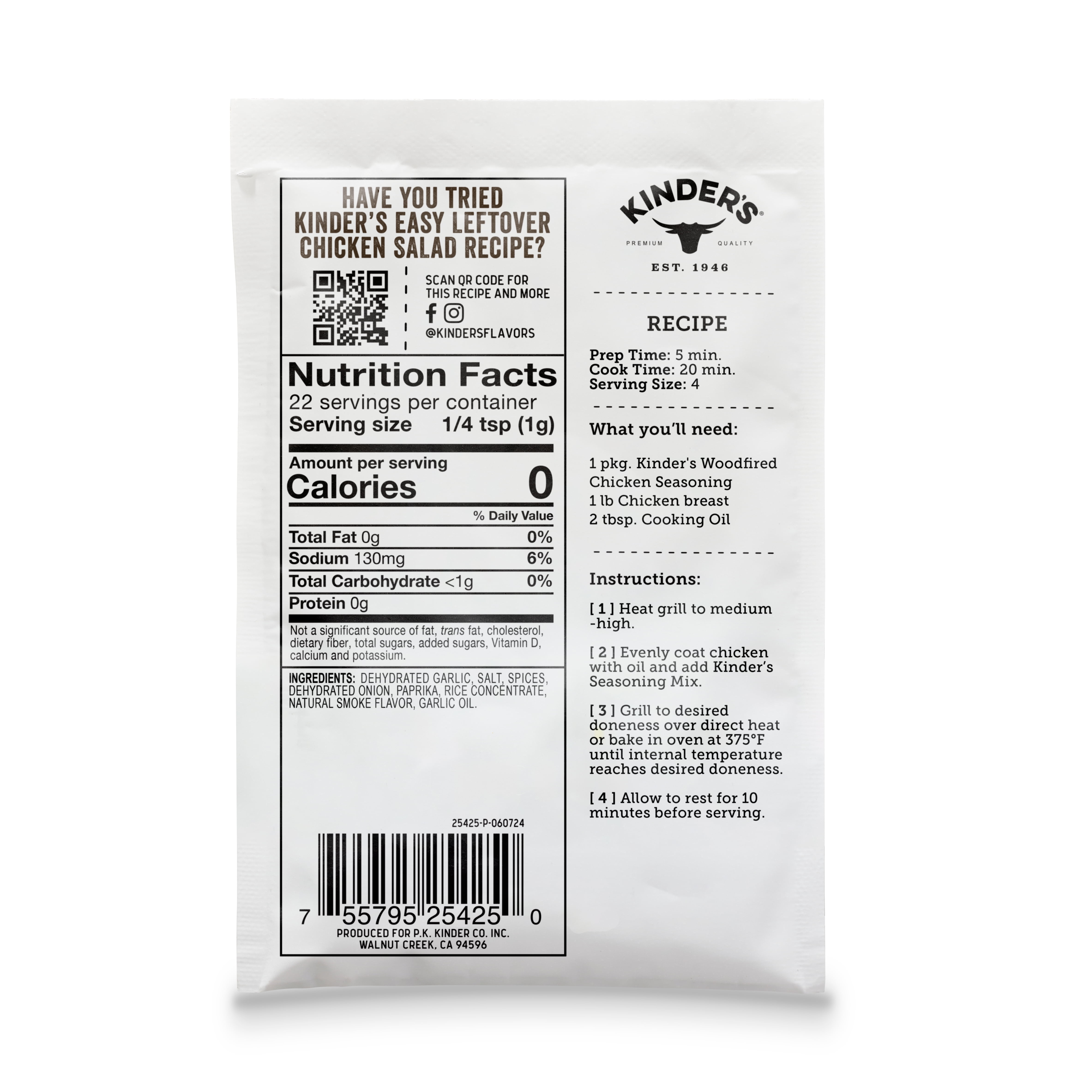(2 pack) Kinder's Woodfired Chicken Seasoning, 0.8 oz Packet