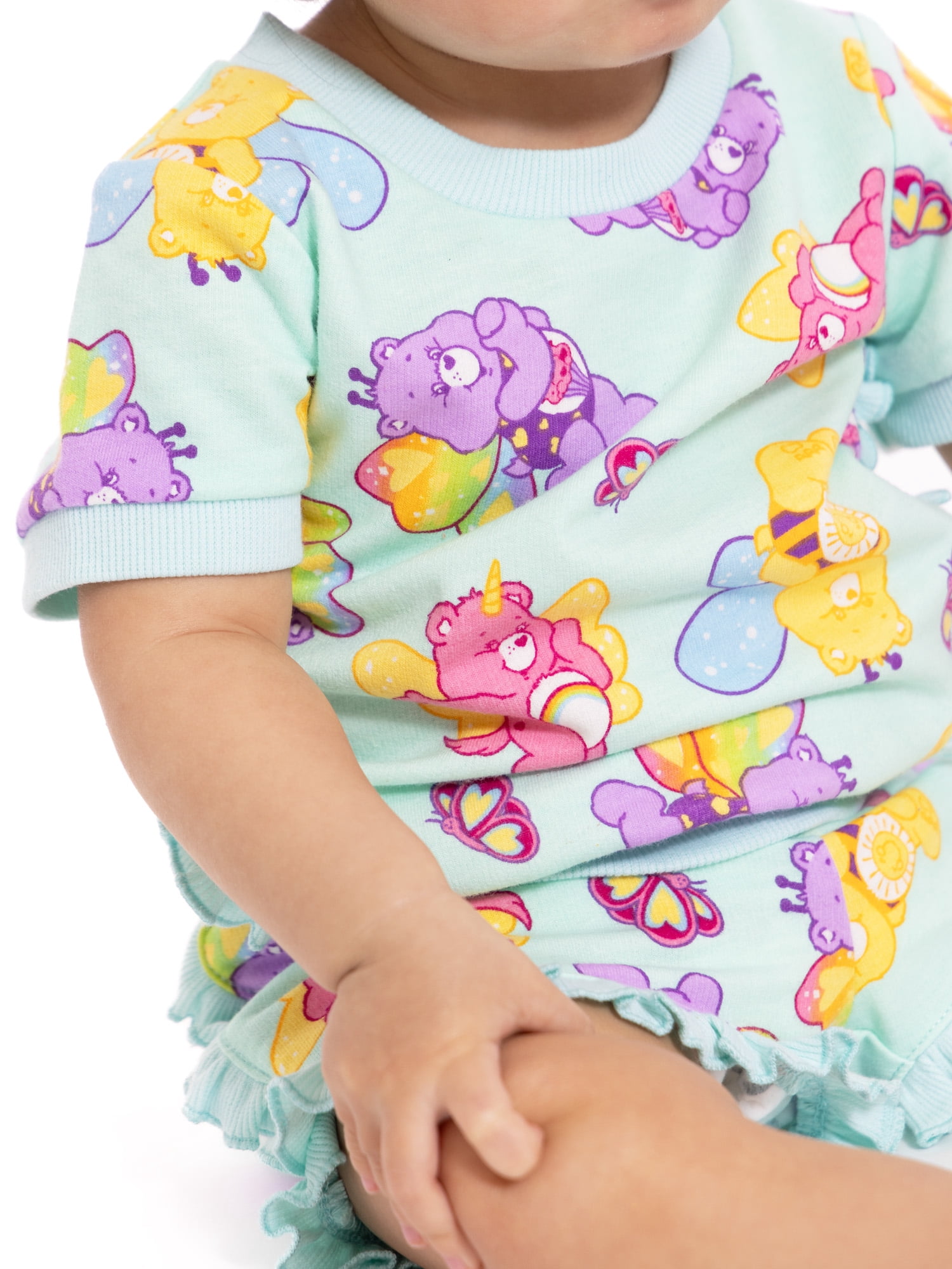Care Bears Baby Girls Short Sleeve Allover Print Ruffle Shirt and Matching Shorts Set, 2-Piece, Sizes 0/3M-24M