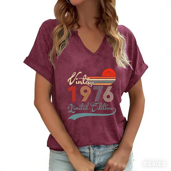 Womens 2026 Spring Tops Short Sleeve 1976 Print Vacation Tees V-Neck Fashion Trendy Casual T Shirts