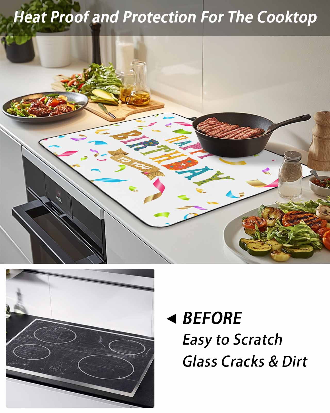 Stove Top Covers for Electric Stove, Happy Birthday Glass Stovetop Cover Protector, Colorful Words Induction Cooktop Protector Oven Mat for Kitchen Countertop 24"x21"