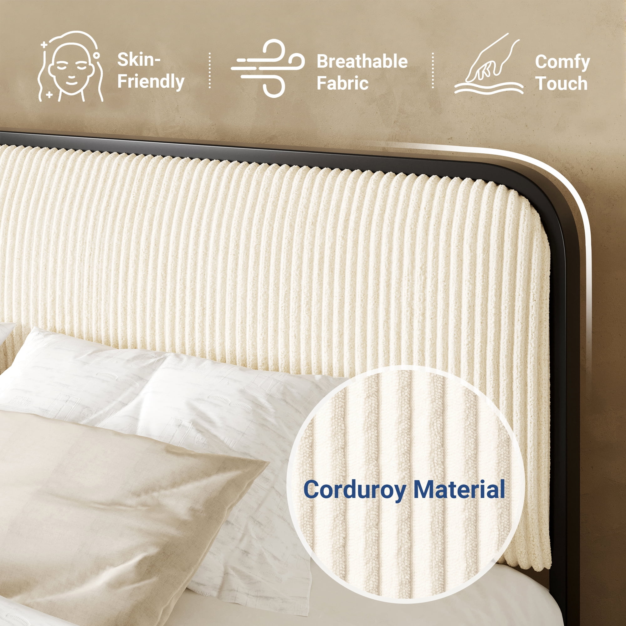 Allewie Full Bed Frame, Upholstered Platform Bed with Velvet Curved Headboard and Footboard, No Box Spring Needed, Cream White