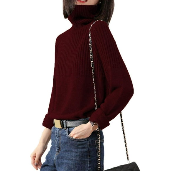aters Womens Loose Jumpers Merino Wool Knit Split Thick Turtleneck Pullover Long Sleeve Winter Tops Red Medium