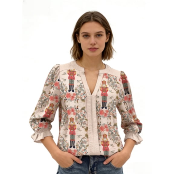 V-Neck Long Sleeve Nutcracker Print Blouse (Women's)