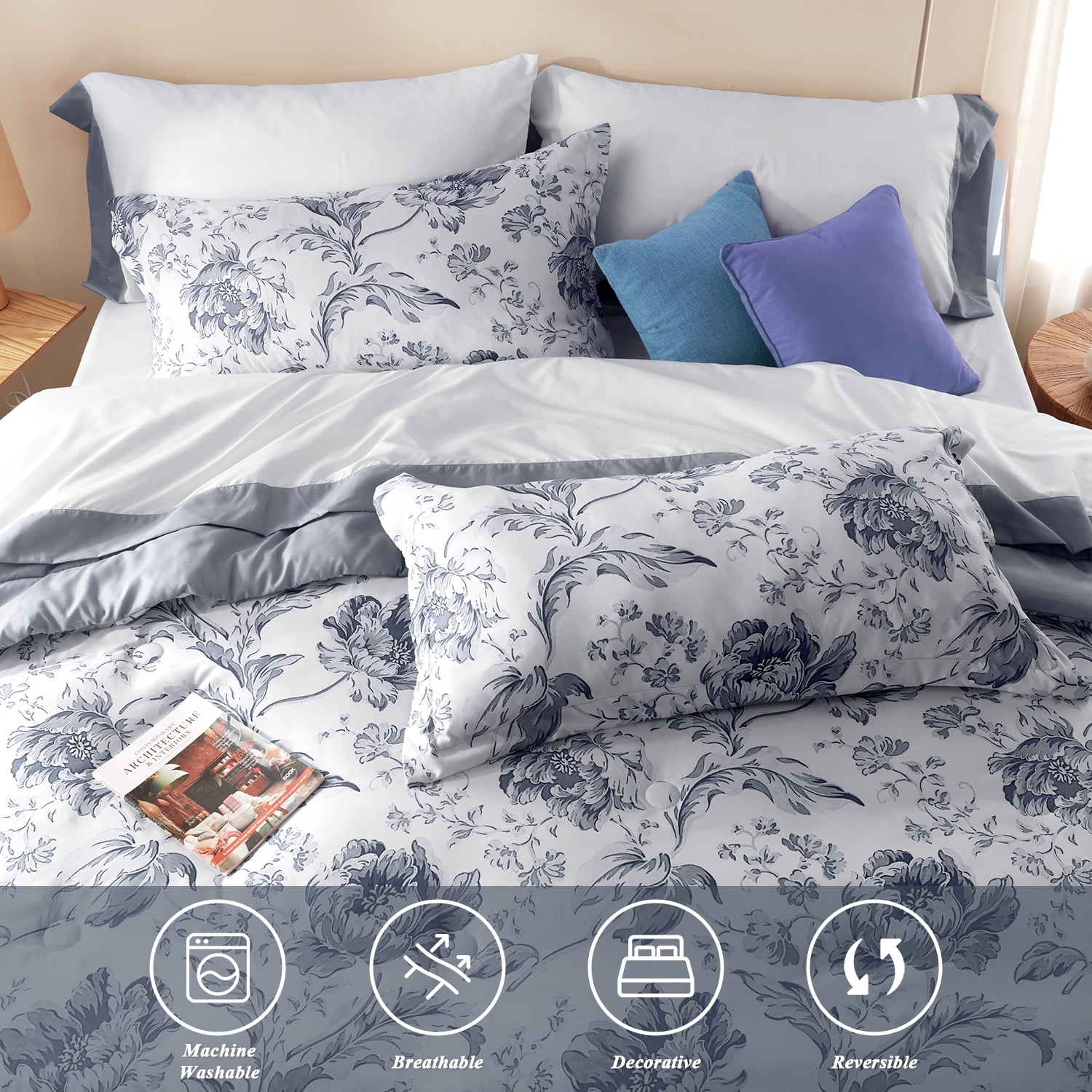 Bedtreat Twin Comforter Sets,5-Pieces Reversible Bedding Sets,Bed in a Bag with Comforter,Flat Sheet and Fitted Sheet,Pillowcase & Sham,Lisse,Blue Mirage