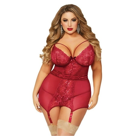 - Plus Size Floral Lace Elegant Strappy Detail Gartered Chemise Lingerie