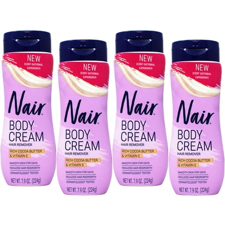 4 Pack - Nair Body Cream Hair Remover, Cocoa Butter and Vitamin E, Body Hair Removal Cream for Women, 7.9 oz