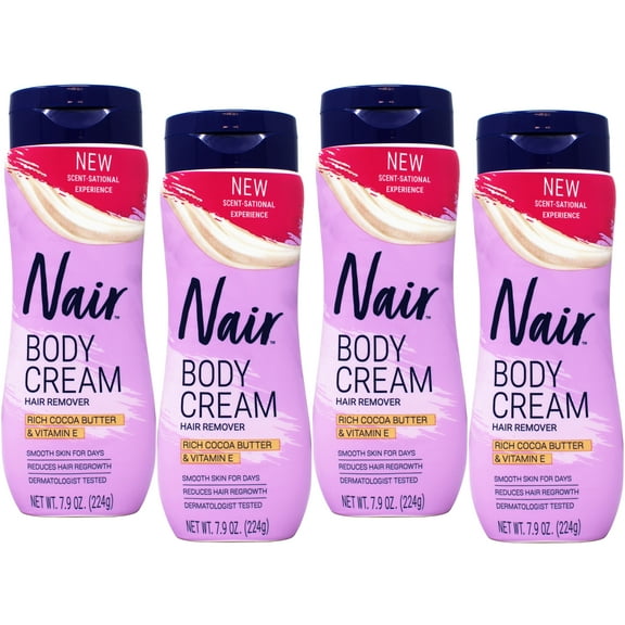 4 Pack - Nair Body Cream Hair Remover, Cocoa Butter and Vitamin E, Body Hair Removal Cream for Women, 7.9 oz