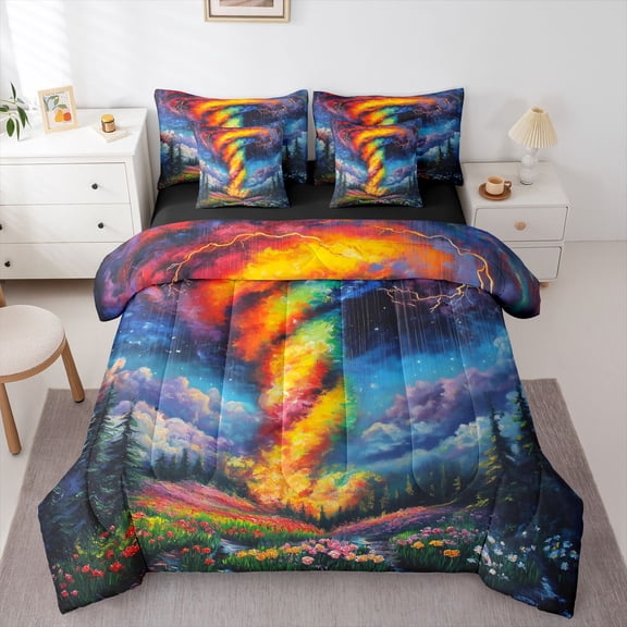 Homewish Colorful Tornado Twin Bedding Sets 7-Piece for Boys Girls,Gradient Starry Sky Bedding Comforter Set Microfiber,Chic Flowers Jungle Breathable Sheet Sets,Luxury Bedroom Decor,Reversible