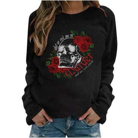 

Ziloco Women Casual Full Sleeve Round Neck Tops Loose Shirts Blouse Pullover Print Sweatshirt long sleeve bodysuit for women black corset tops for women Black S