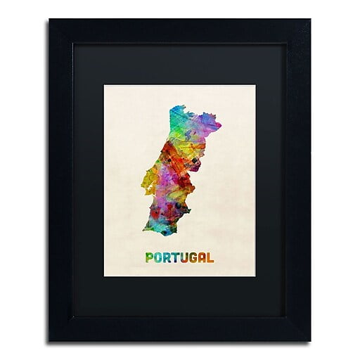 Trademark Fine Art "Portugal Watercolor Map" Canvas Art by Michael Tompsett, Black Matte, Black Frame