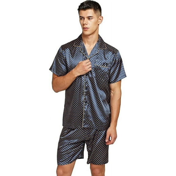 Tony & Candice Men's Short Sleeve Satin Pajama Set with Shorts (Large, Blue/Golden)