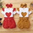 thumbnail image 3 of KYAIGUO 3PCS Infant Newborn Baby Girls Summer Heart Pattern Bodysuit Outfit Set Romper Jumpsuit with Ruffle Shorts Bottoms Headband 0-18M, 3 of 11