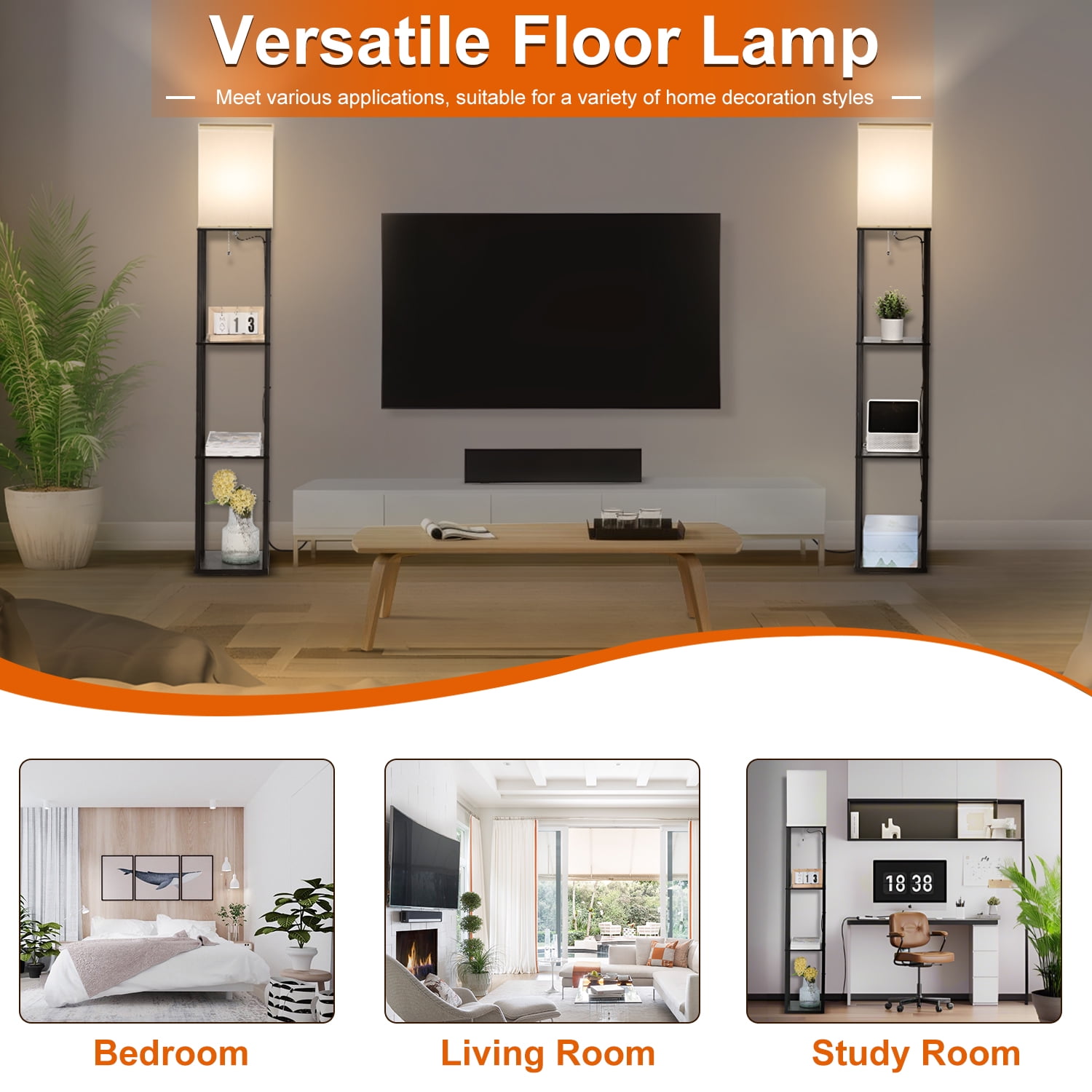 Vesteel Floor Lamp with 3-Tier Shelves, Standing Lamp with 3 Color Adjustable LED Bulb & Linen Lampshade, Modern Square Lamp for Living Room Bedroom Office Kid Room