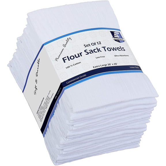 Flour Sack Kitchen Towels (White,12 Pack) 100% Cotton,28x28 Inch Cloth Napkin, Bread wrapper, Cheesecloth, Multi Purpose Kitchen Dish Towels,Bar Towels, Extremely Absorbent & Sturdy By