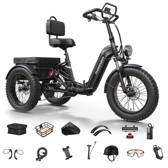 PUCKIPUPPY Electric Tricycle for Adults Full Suspension & Reverse Gear 960W Peak 55Miles Range 20" Fat Tire Electric Trike 15mph Max Speed E-Mountain Bikes 48V 15AH Battery, Comply with UL2849 By SGS