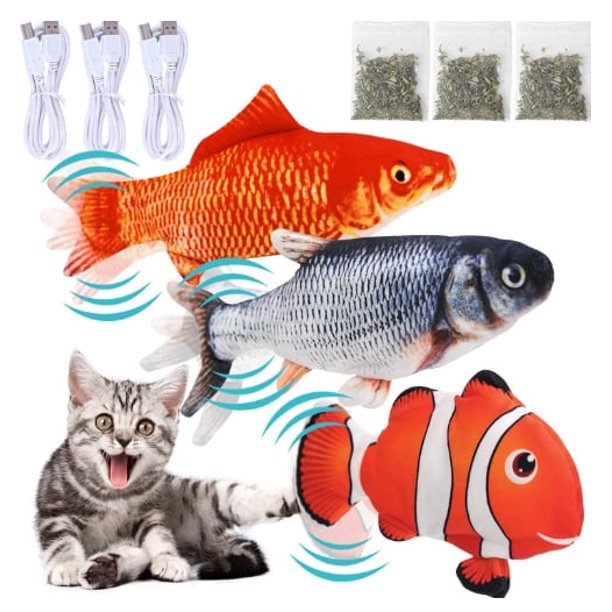 Juguete para gatos con forma de pez que pica y flota: juguete de peluche eléctrico automático interactivo que se mueve de forma realista y se activa con movimiento - USB con bolsa de hierba gatera -