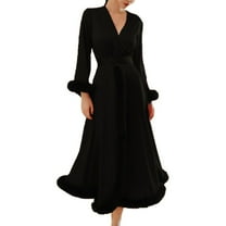 Defitshape Women's Long Robe Satin Luxury Faux Fur Trim Bridal Robes Silk Bathrobe Summer Long Sleeve Bridesmaid Sleepwear Black Small
