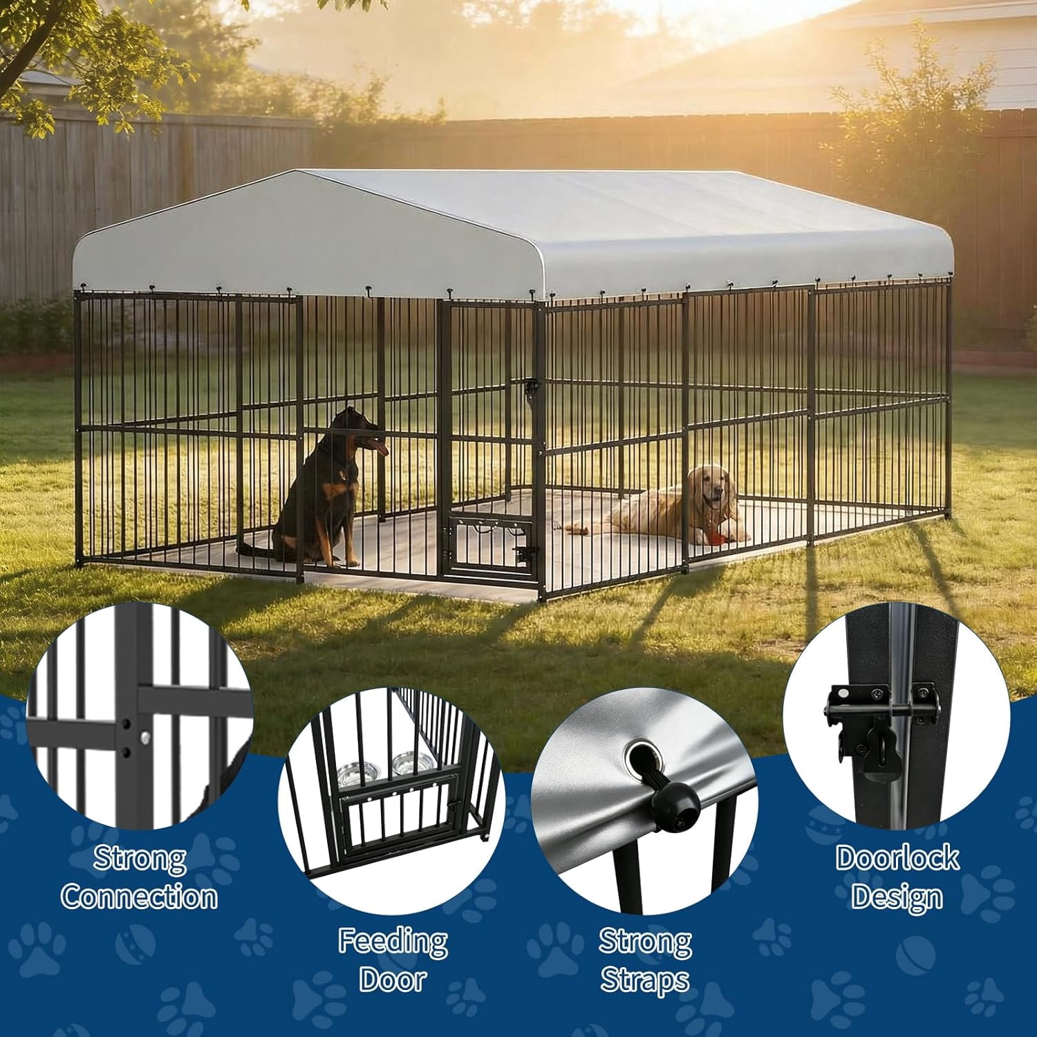 10x15x6FT Heavy Duty Large Outdoor Dog Kennel with Waterproof Cover and Feeding Doors for Backyard Garden Patio