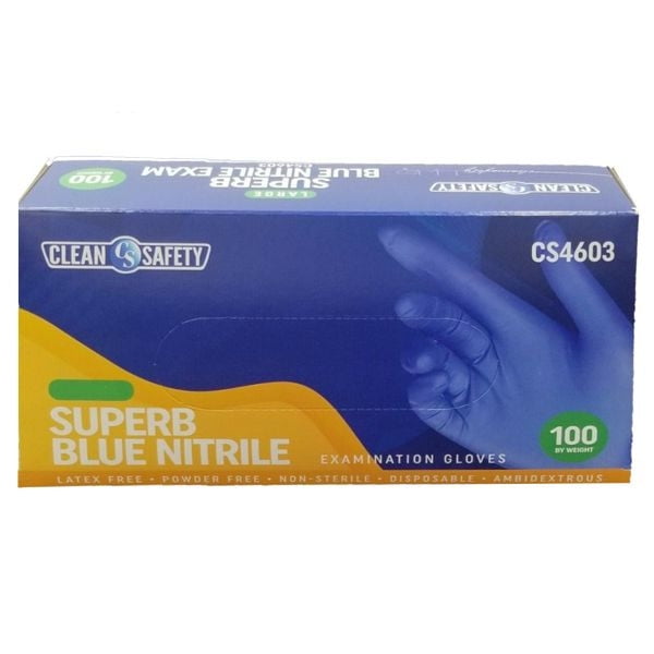 Clean Safety SuperB Blue Nitrile Exam Gloves, Powder Free, Latex Free, Non-Sterile, 4 Mil, 100 Gloves Per Box, Size Medium