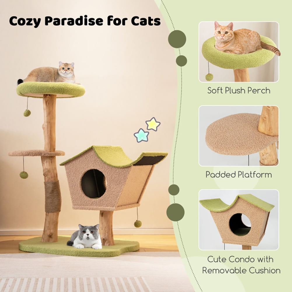 Yardi Yard Cat Tree, 43 Inch Wooden Cat Tree with Padded Top Perch-Green, Cat Tower condo for Indoor Cats