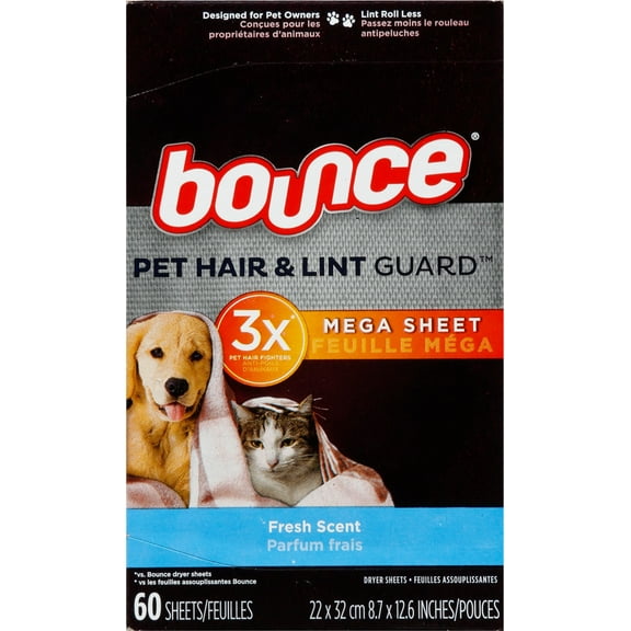 Bounce Pet Hair & Lint Guard Mega Dryer Sheets With 3X Pet Hair Fighters, Fresh Scent, 60Count