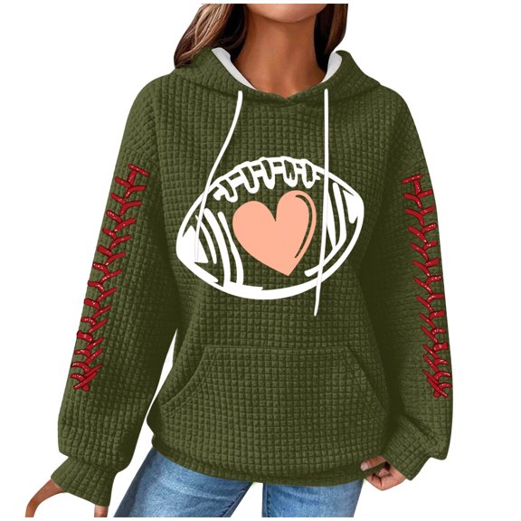 Women's Waffle Knit Football Hoodie – Y2K Long Sleeve All-Over Print Hooded Pullover with Pocket, Casual Game Day Top for Fall & Tailgate Outfits