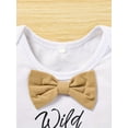 thumbnail image 3 of Zehjuhan Infant Baby Girls Boys Casual Style First Birthday Outfit, Funny "Wild One" Print With Bow Tie, White Romper Bodysuit, And Khaki Shorts With Suspenders Set, 3 of 8