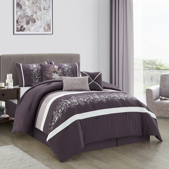 Lanco Kashi Floral 7 Piece Comforter Set, Purple, Queen, Fill Polyester, Floral,Patchwork