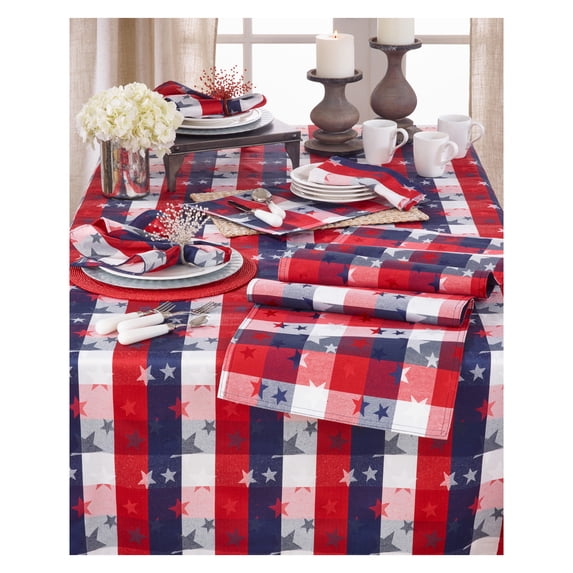 Red White and Blue Checkered with Stars Cotton/Polyester Blend Patriotic Tablecloth, 70"x104" Rectangular - (1 Piece).