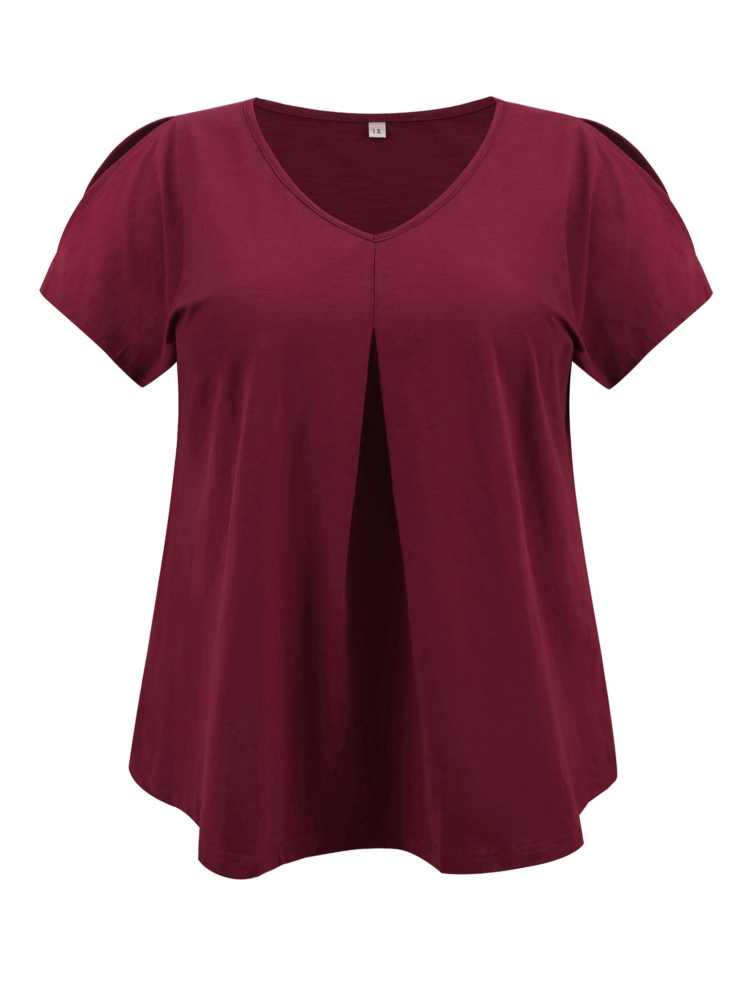 DARING DIVA Women's Plus Front Pleated V Neck Slit Sleeve Blouse 2X Dark Burgundy