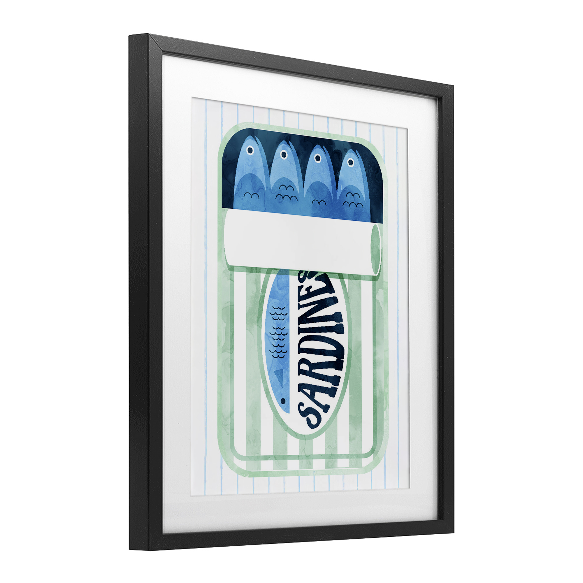 Seafoam Sardine Tin over Stripes Black Framed Print Under Glass, design by Daphne Polselli