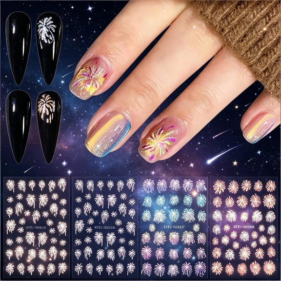 Qocolcyl Firework Nail Art Stickers 1 Sheets,Metallic 3D Self-Adhesive Nail Decals for Women New Year,Holiday Graduation Festival Party Multiple Colors
