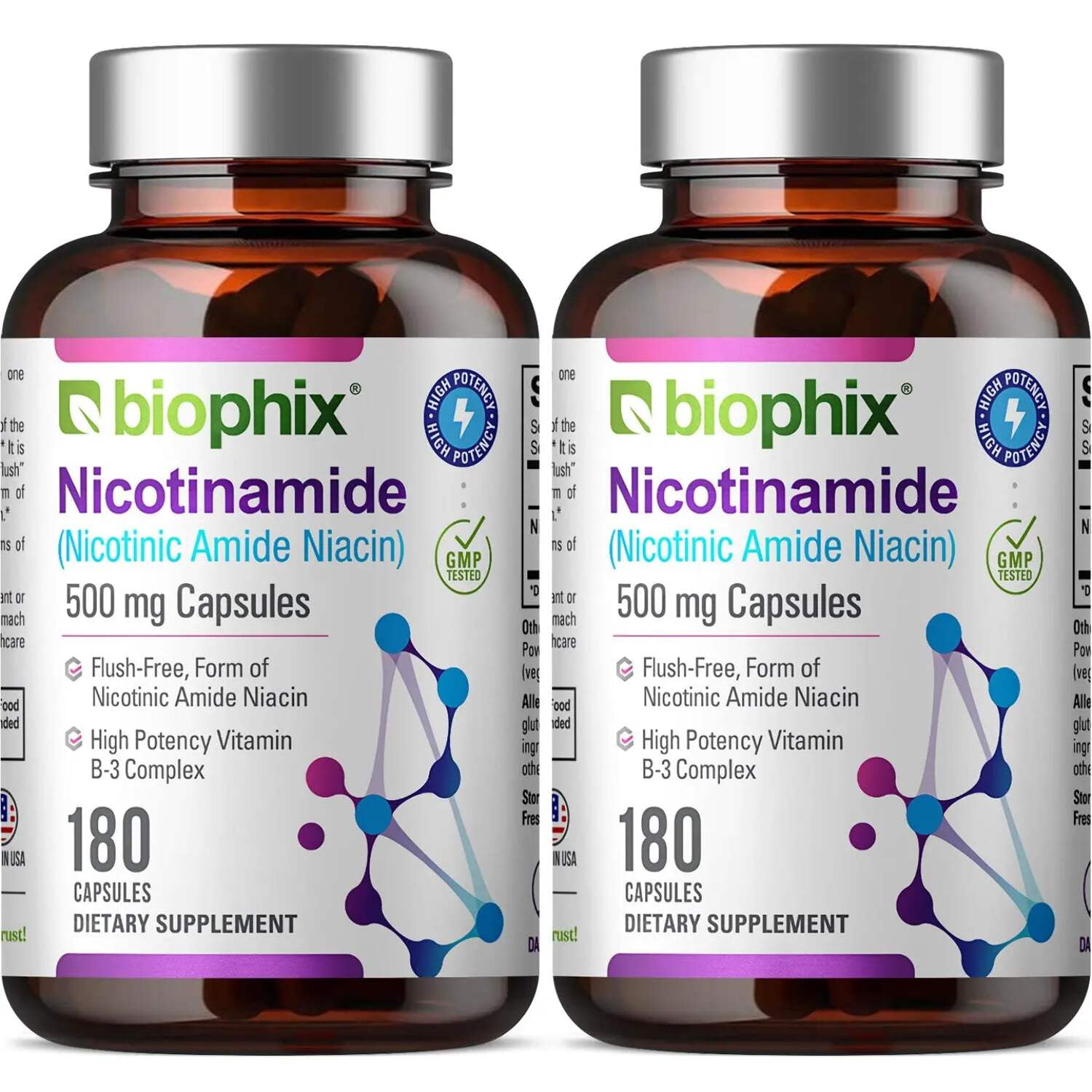 Biophix Nicotinamide 500 mg 180 Caps, 2 Pack – Vitamin B3 for Skin Health & Cellular Support