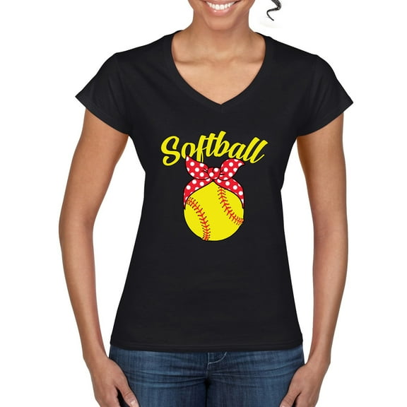 Wild Bobby, Cute Ribbon Bow Softball Mom Gift, Mother's Day, Women Standard V-Neck Tee, Black, Small