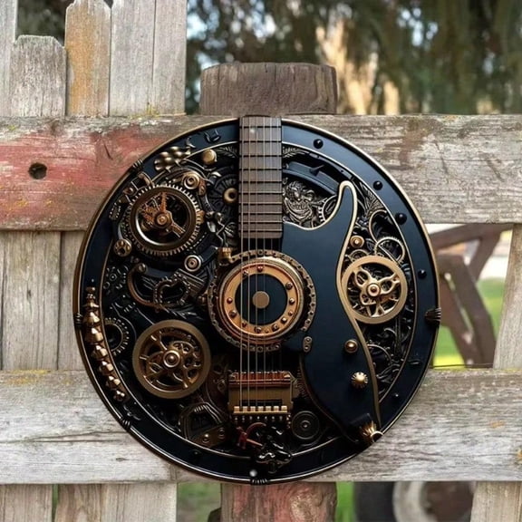 HELLOYOUNG 2D Round Steampunk Guitar & Gear Aluminum Wall Art 1pc - Easy To Hang, Decorative Piece For Home/Coffee Shopse/ & Music Lovers