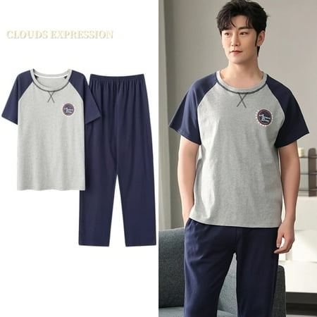 

QWZNDZGR Summer Knitted Cotton Mens Pyjamas Casual Short Tops Lattice Long Pants Sets V-neck Pajamas Fashion Men Sleepwear 5XL Homewear