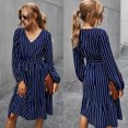 thumbnail image 4 of Women Autumn Puff Long Sleeve V-Neck Loose Midi Dress Elegant Striped Printed Belted High Waist Pleated Flowy Solid Color Streetwear, 4 of 21