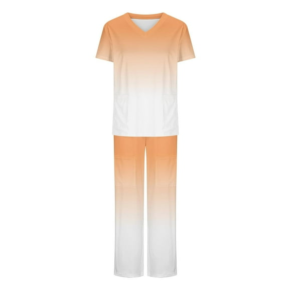 UPPADA Women Scrubs Sets Clearance Sale Womens Stretch Colorful V-Neck Jogger Scrubs Set Nurse Uniform Short Sleeve Scrubs Tops and Long Wide Leg Pants Suit Set with Pockets,Womens Scrub Sets