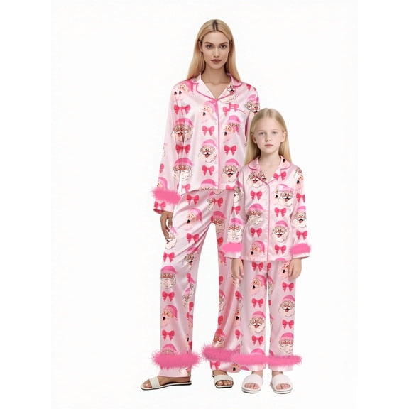Mommy and Me Matching Pajamas Bow Santa Print Button Down Long Sleeve Lapel Feather Trim Tops Pants